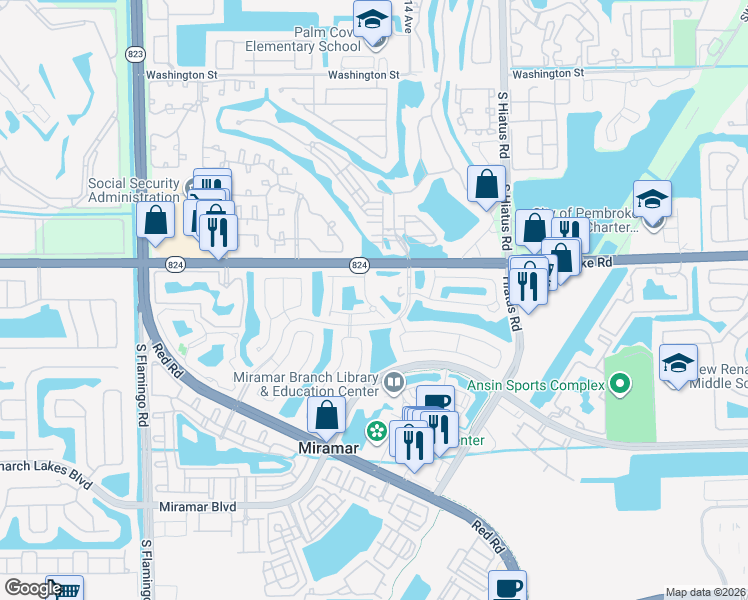 map of restaurants, bars, coffee shops, grocery stores, and more near 1871 Southwest 116th Way in Miramar