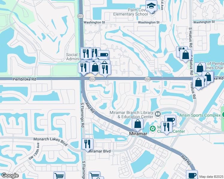 map of restaurants, bars, coffee shops, grocery stores, and more near 12112 St.Andrews Place in Miramar