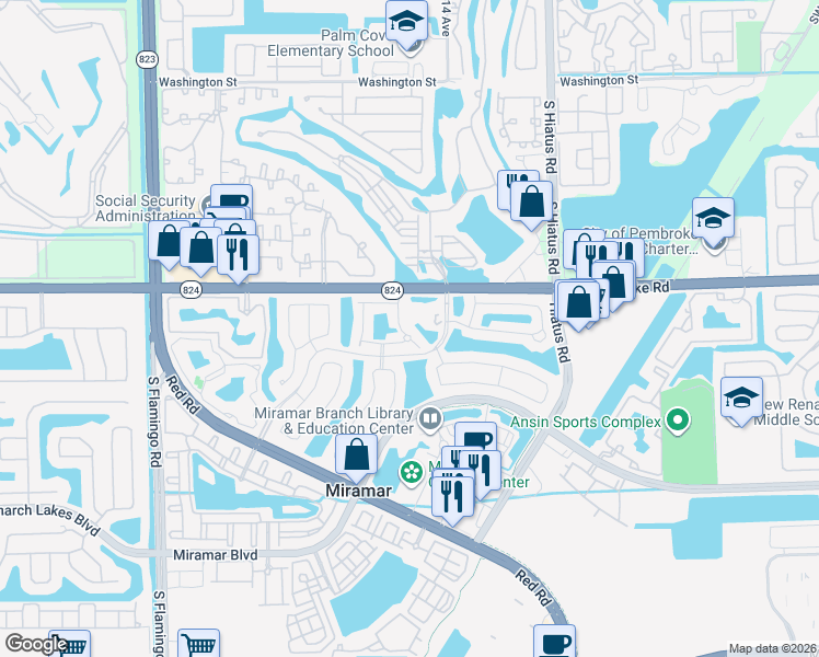 map of restaurants, bars, coffee shops, grocery stores, and more near 1871 Southwest 116th Way in Miramar
