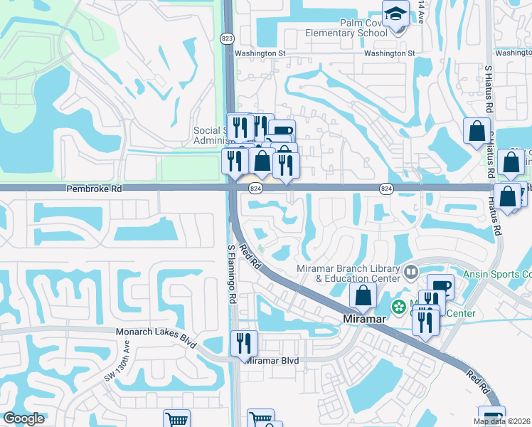 map of restaurants, bars, coffee shops, grocery stores, and more near 12148 St.Andrews Place in Miramar