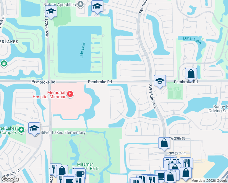 map of restaurants, bars, coffee shops, grocery stores, and more near 16492 Southwest 18th Street in Miramar