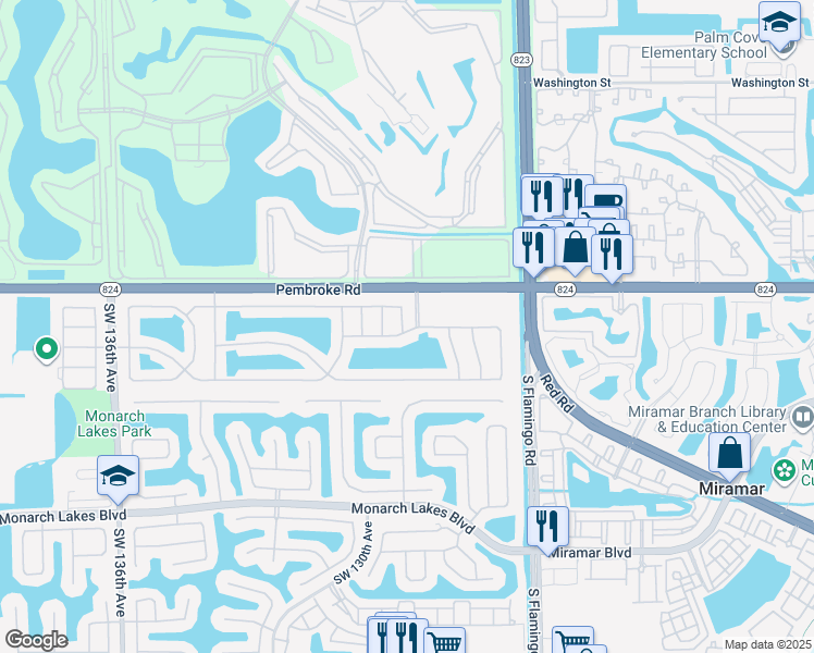 map of restaurants, bars, coffee shops, grocery stores, and more near 12701 Southwest 18th Street in Miramar
