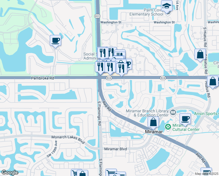 map of restaurants, bars, coffee shops, grocery stores, and more near 12148 St.Andrews Place in Miramar