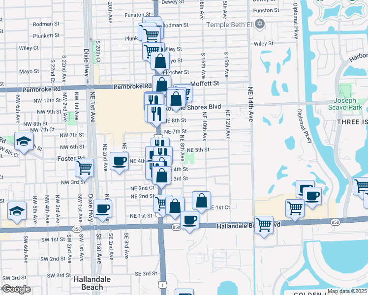 map of restaurants, bars, coffee shops, grocery stores, and more near 801 Northeast 5th Street in Hallandale Beach