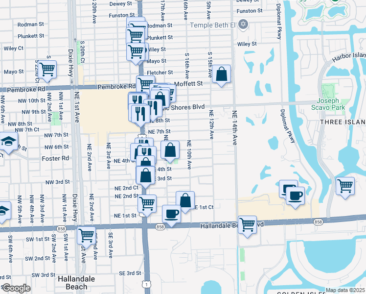map of restaurants, bars, coffee shops, grocery stores, and more near 913 Northeast 5th Street in Hallandale Beach
