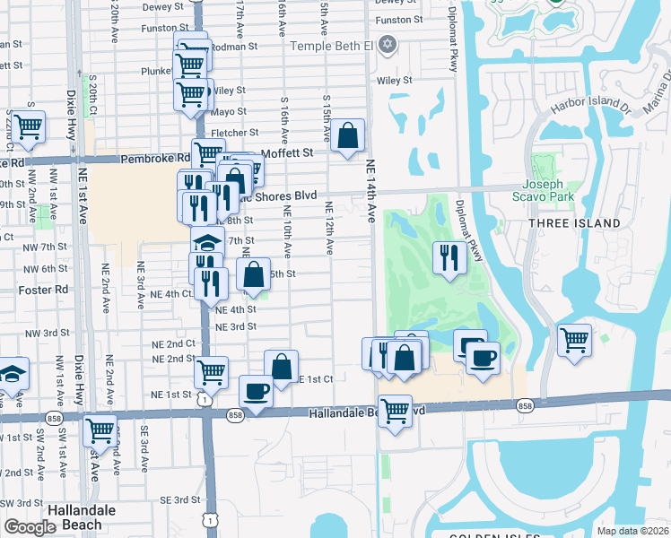 map of restaurants, bars, coffee shops, grocery stores, and more near 500 Northeast 12th Avenue in Hallandale Beach