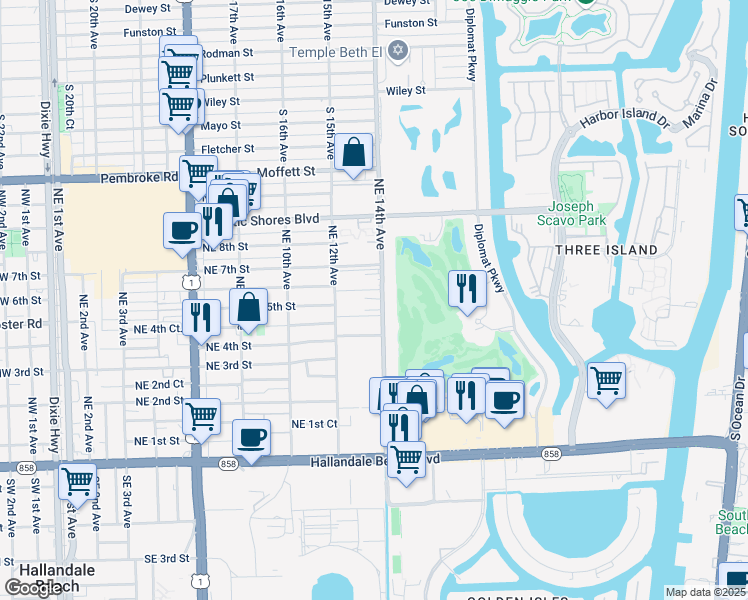 map of restaurants, bars, coffee shops, grocery stores, and more near 501 Northeast 14th Avenue in Hallandale Beach