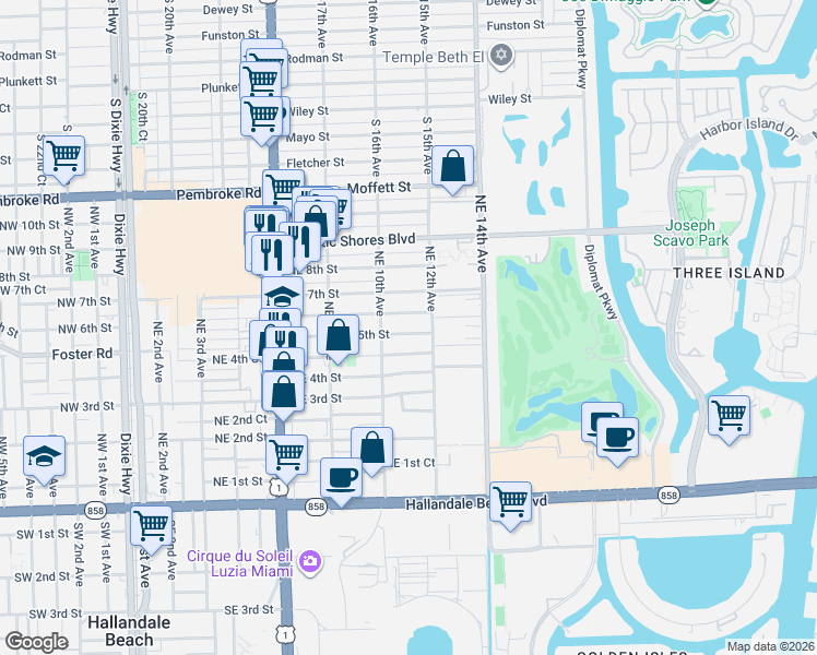 map of restaurants, bars, coffee shops, grocery stores, and more near 1025 Northeast 5th Street in Hallandale Beach