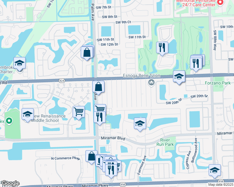 map of restaurants, bars, coffee shops, grocery stores, and more near 1814 Southwest 99th Terrace in Miramar