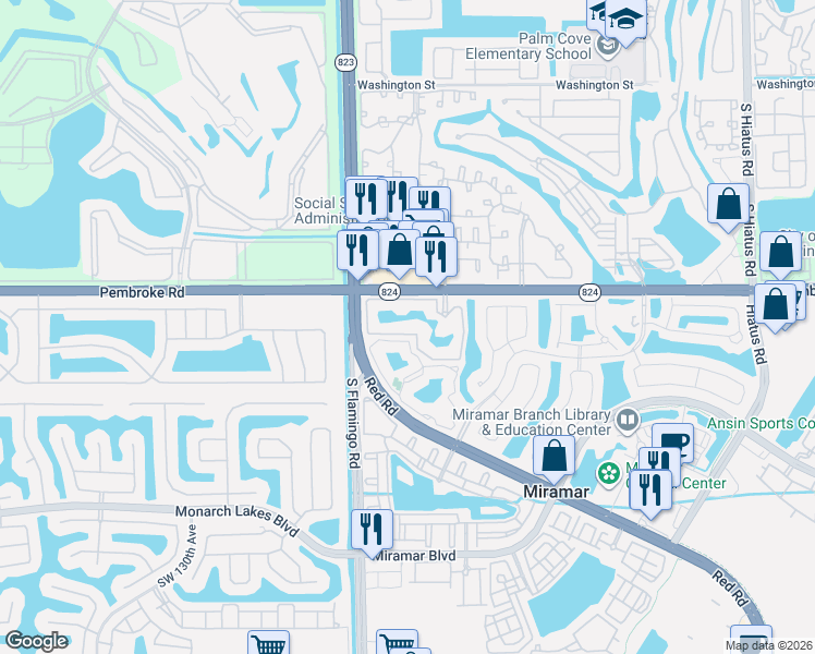 map of restaurants, bars, coffee shops, grocery stores, and more near 12148 St.Andrews Place in Miramar