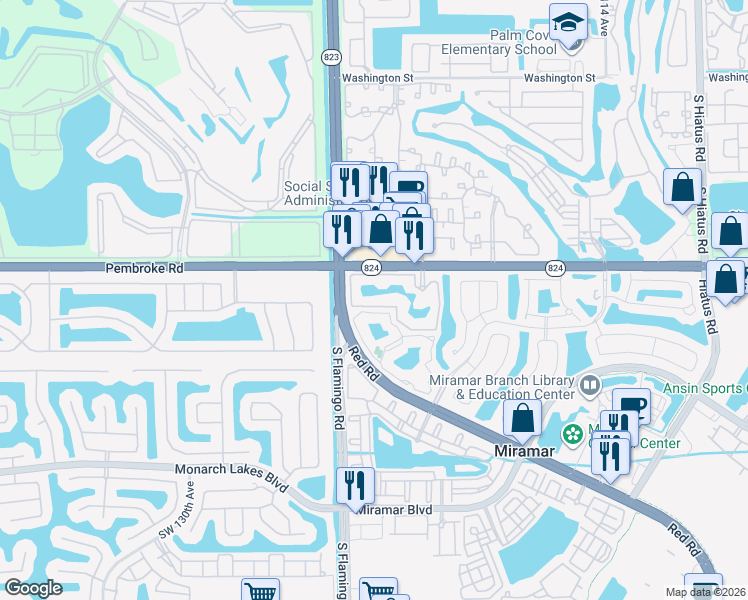 map of restaurants, bars, coffee shops, grocery stores, and more near 12148 St.Andrews Place in Miramar