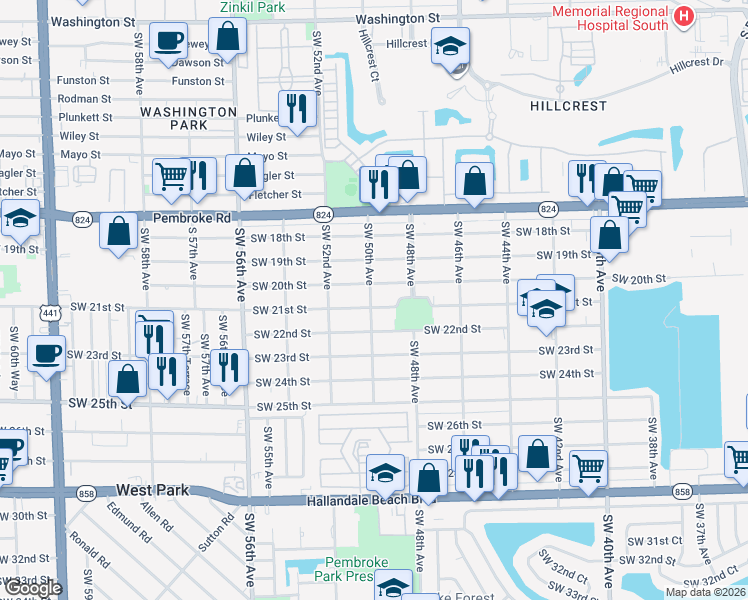 map of restaurants, bars, coffee shops, grocery stores, and more near 4941 Southwest 21st Street in West Park