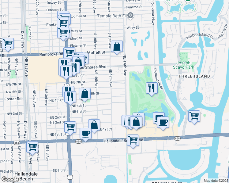 map of restaurants, bars, coffee shops, grocery stores, and more near 500 Northeast 12th Avenue in Hallandale Beach