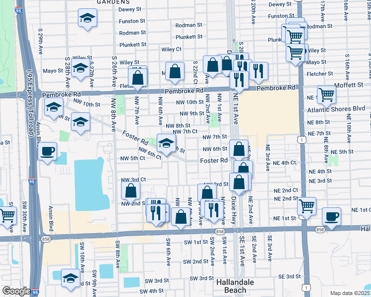 map of restaurants, bars, coffee shops, grocery stores, and more near 604 Northwest 4th Avenue in Hallandale Beach