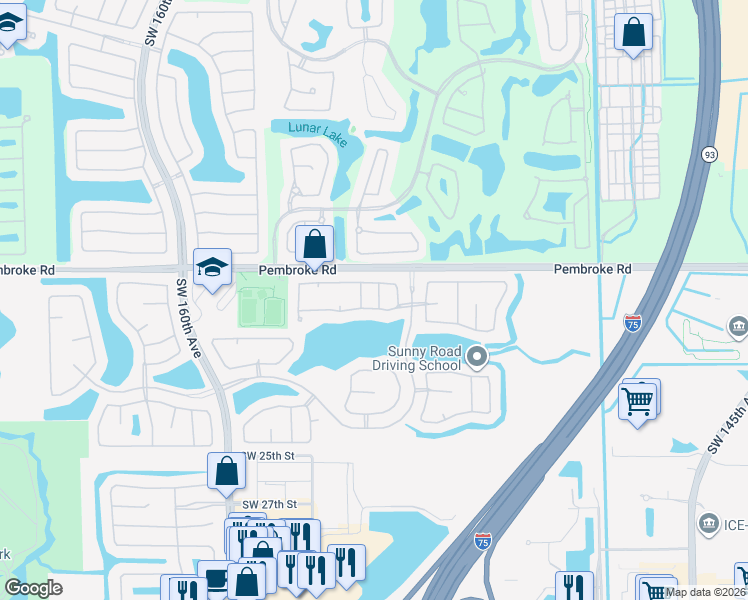 map of restaurants, bars, coffee shops, grocery stores, and more near 1874 Southwest 152nd Way in Miramar