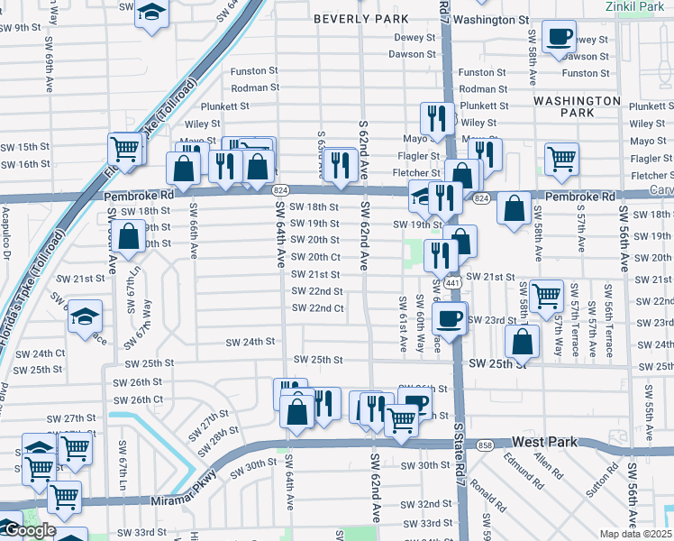 map of restaurants, bars, coffee shops, grocery stores, and more near 6225 Southwest 21st Street in Miramar