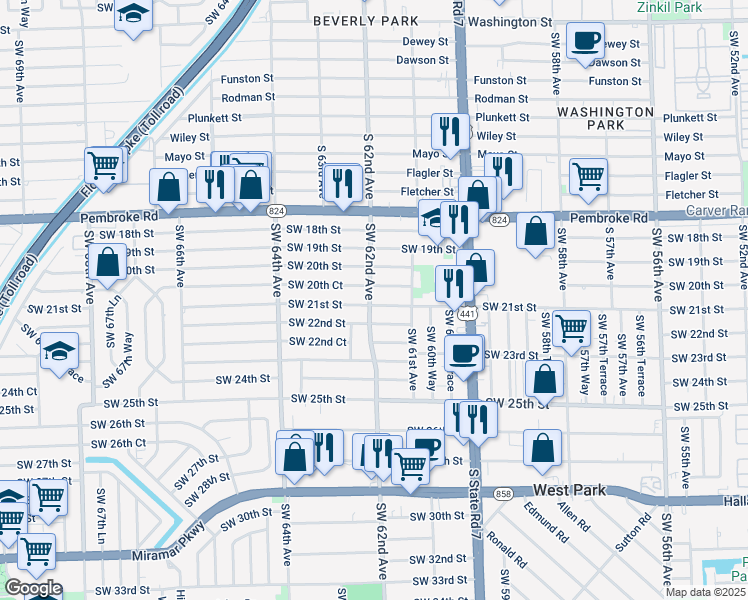 map of restaurants, bars, coffee shops, grocery stores, and more near 6165 Southwest 21st Street in Miramar