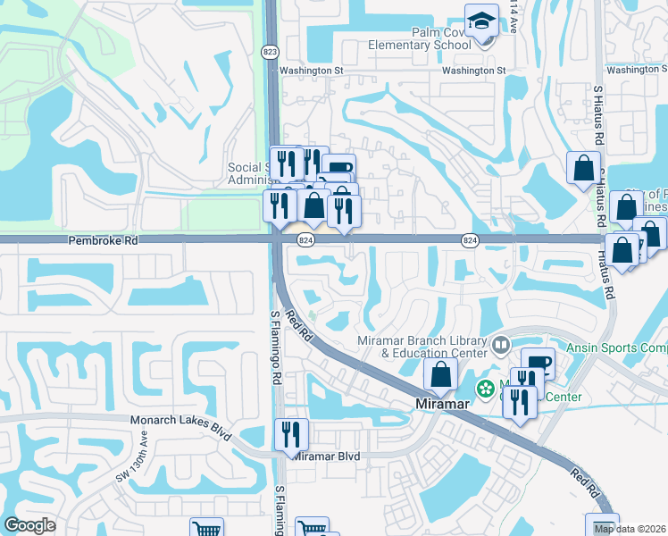 map of restaurants, bars, coffee shops, grocery stores, and more near 12148 St.Andrews Place in Miramar