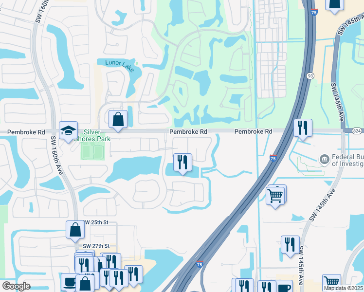 map of restaurants, bars, coffee shops, grocery stores, and more near 15033 Southwest 19th Street in Miramar