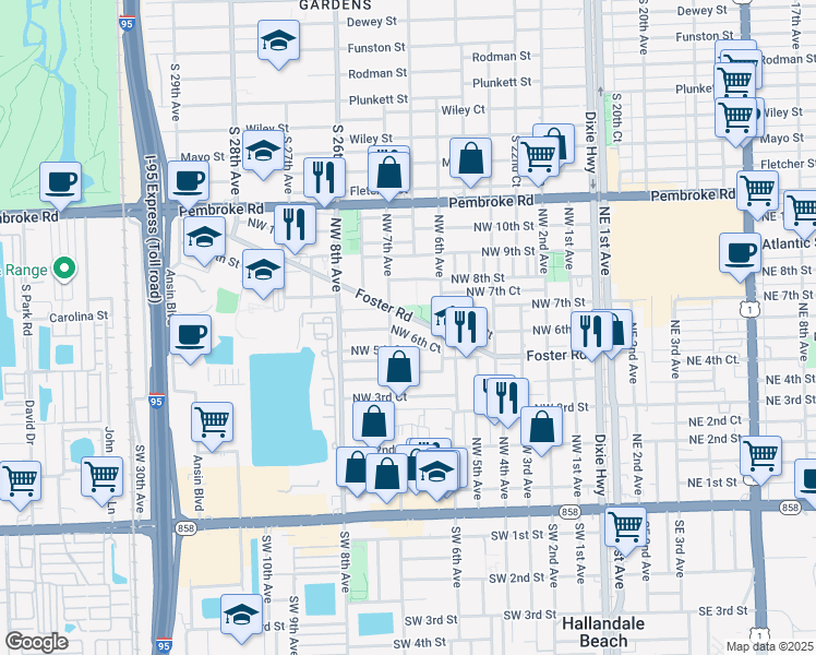 map of restaurants, bars, coffee shops, grocery stores, and more near 648 Northwest 6th Court in Hallandale Beach