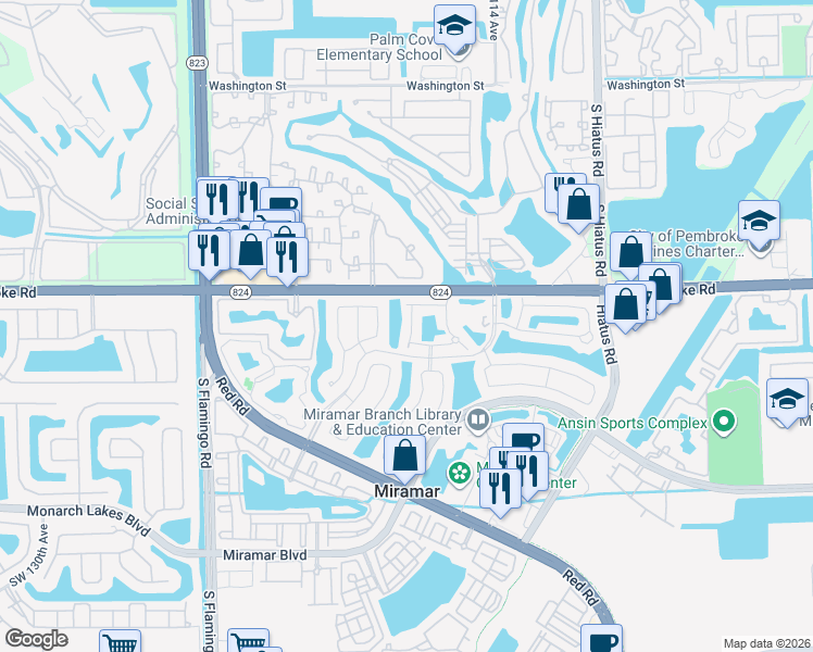 map of restaurants, bars, coffee shops, grocery stores, and more near 1820 Southwest 118th Avenue in Miramar