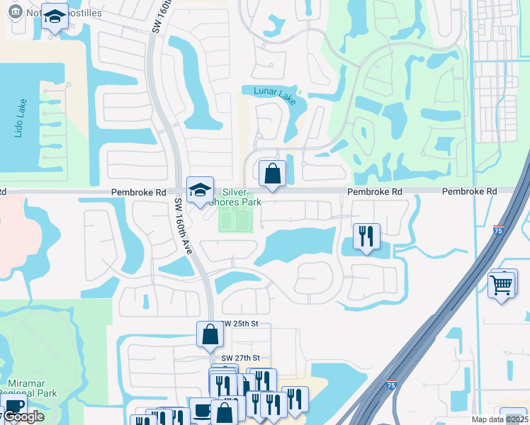 map of restaurants, bars, coffee shops, grocery stores, and more near 1853 Southwest 156th Avenue in Miramar