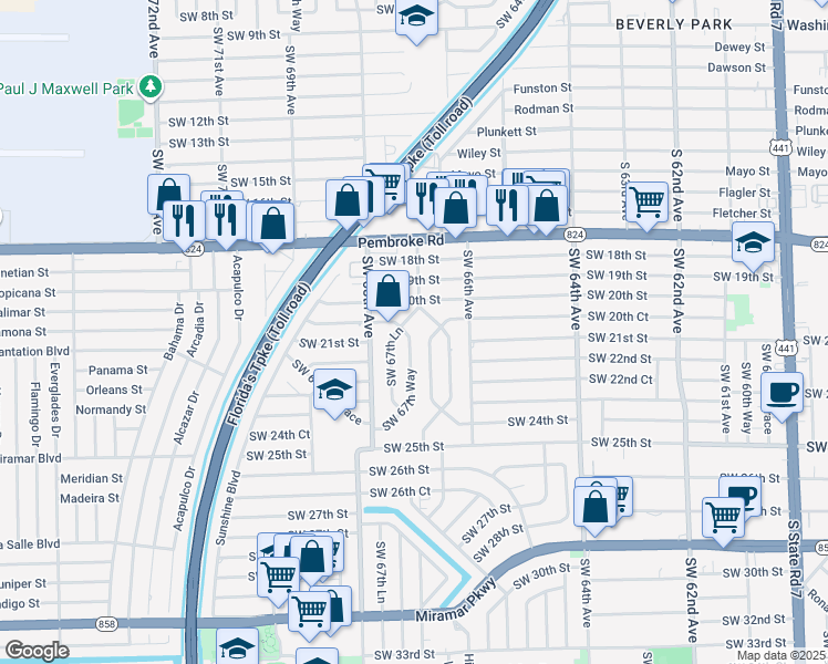 map of restaurants, bars, coffee shops, grocery stores, and more near 2101 Southwest 67th Way in Miramar