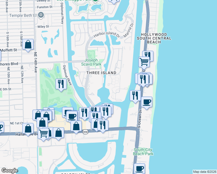 map of restaurants, bars, coffee shops, grocery stores, and more near 2653 Parkview Drive South in Hallandale Beach