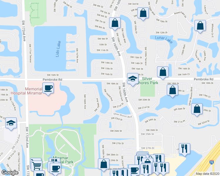 map of restaurants, bars, coffee shops, grocery stores, and more near 16283 Southwest 18th Place in Miramar