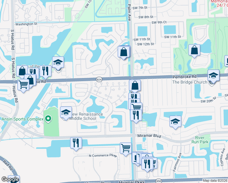 map of restaurants, bars, coffee shops, grocery stores, and more near 10215 Southwest 18th Court in Miramar
