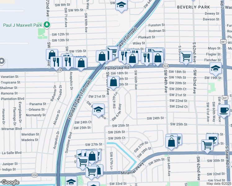map of restaurants, bars, coffee shops, grocery stores, and more near 2101 Southwest 67th Way in Miramar