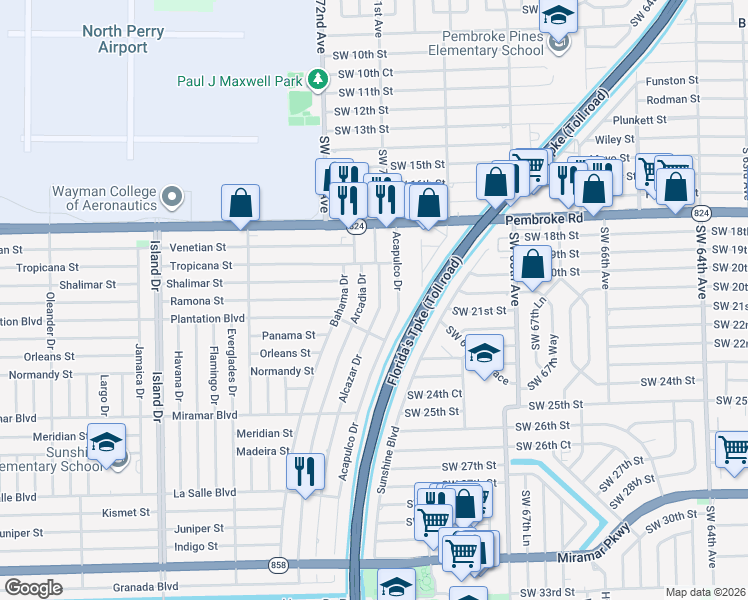 map of restaurants, bars, coffee shops, grocery stores, and more near 2030 Alcazar Drive in Miramar
