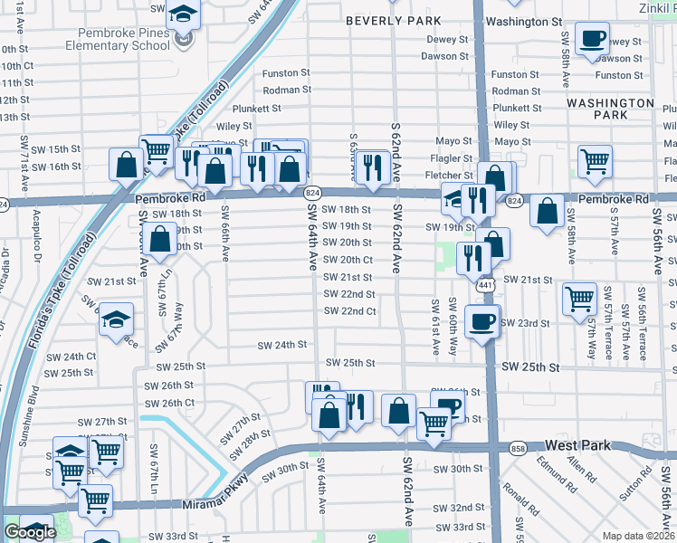 map of restaurants, bars, coffee shops, grocery stores, and more near 6317 Southwest 21st Street in Miramar