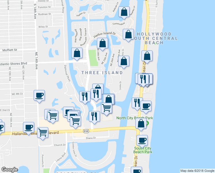 map of restaurants, bars, coffee shops, grocery stores, and more near 2653 Parkview Drive South in Hallandale Beach