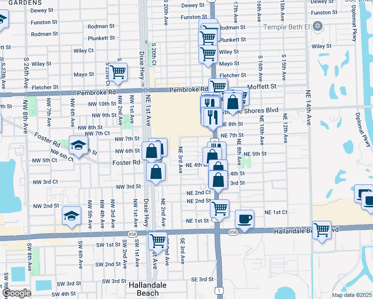 map of restaurants, bars, coffee shops, grocery stores, and more near 306 Northeast 6th Street in Hallandale Beach