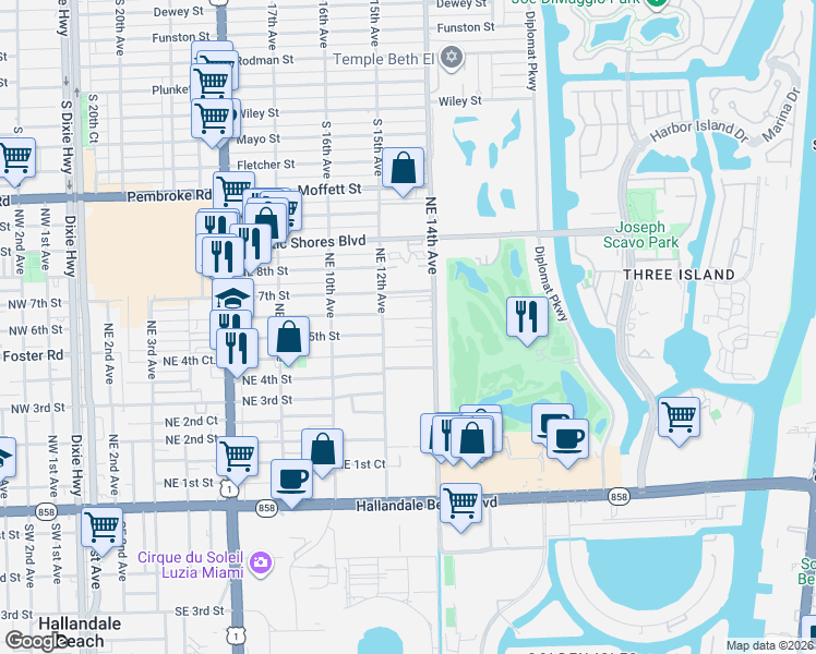 map of restaurants, bars, coffee shops, grocery stores, and more near 500 Northeast 12th Avenue in Hallandale Beach
