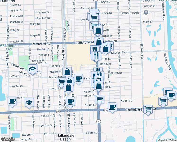 map of restaurants, bars, coffee shops, grocery stores, and more near 502 Northeast 6th Street in Hallandale Beach