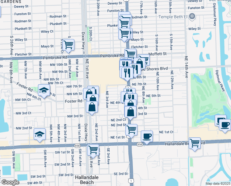 map of restaurants, bars, coffee shops, grocery stores, and more near 306 Northeast 6th Street in Hallandale Beach