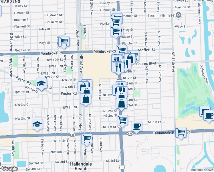map of restaurants, bars, coffee shops, grocery stores, and more near 306 Northeast 6th Street in Hallandale Beach