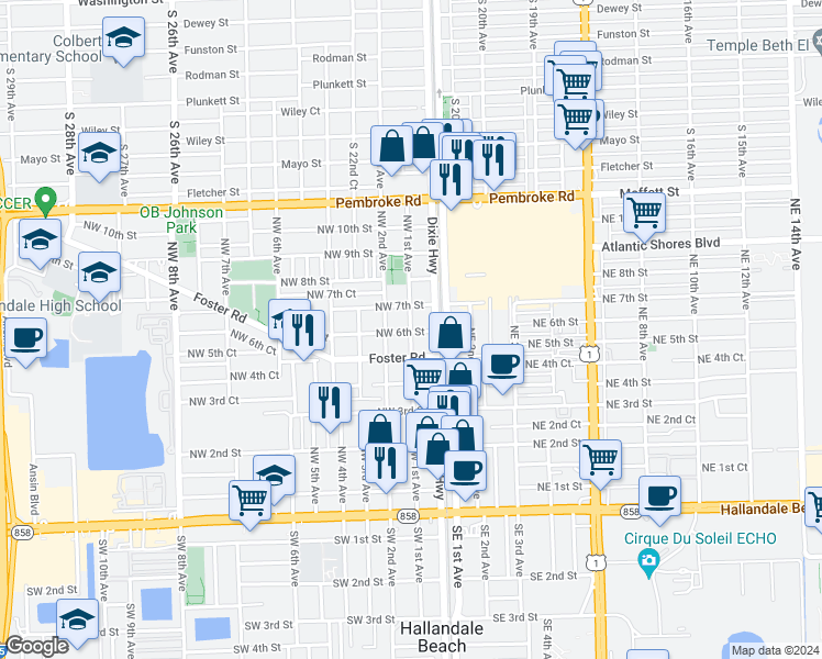 map of restaurants, bars, coffee shops, grocery stores, and more near 605 Northwest 1st Avenue in Hallandale Beach
