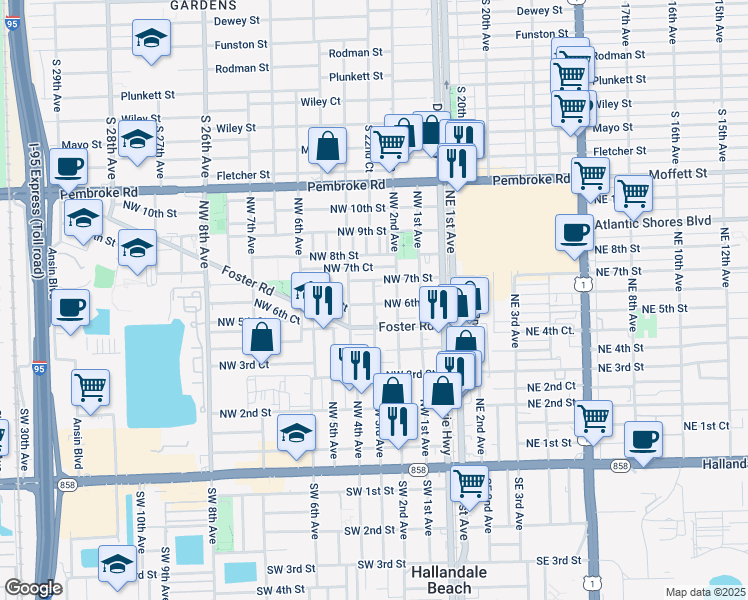 map of restaurants, bars, coffee shops, grocery stores, and more near 601 Northwest 2nd Avenue in Hallandale Beach