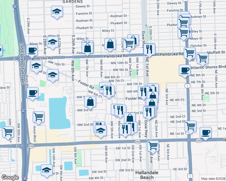 map of restaurants, bars, coffee shops, grocery stores, and more near 600 Northwest 5th Avenue in Hallandale Beach