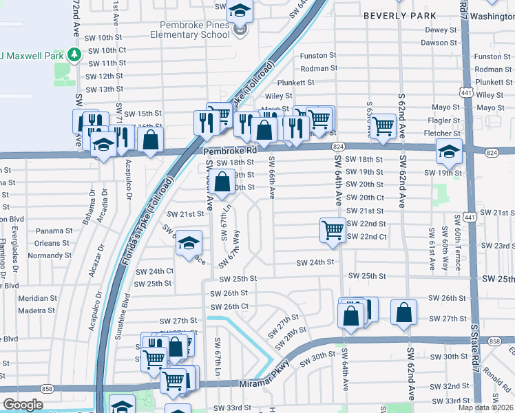 map of restaurants, bars, coffee shops, grocery stores, and more near 2111 Southwest 67th Avenue in Miramar