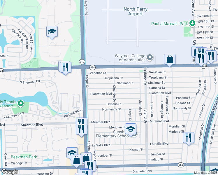 map of restaurants, bars, coffee shops, grocery stores, and more near 7917 Ramona Street in Miramar