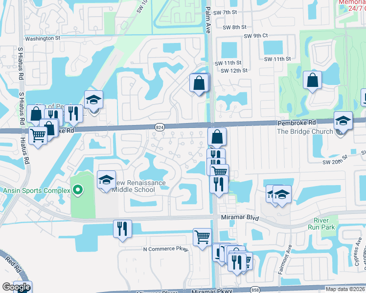 map of restaurants, bars, coffee shops, grocery stores, and more near 10215 Southwest 18th Court in Miramar