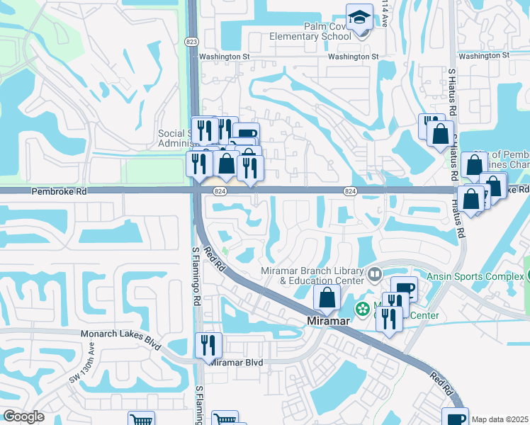map of restaurants, bars, coffee shops, grocery stores, and more near 12112 St.Andrews Place in Miramar
