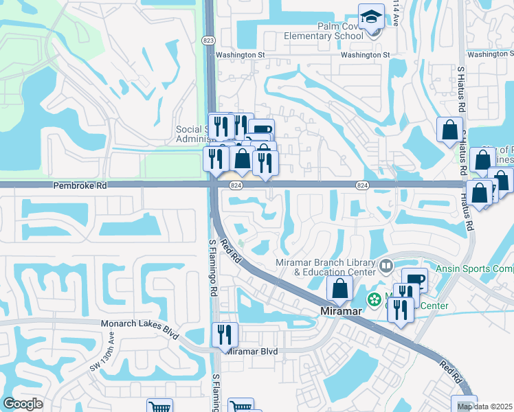 map of restaurants, bars, coffee shops, grocery stores, and more near 12148 St.Andrews Place in Miramar