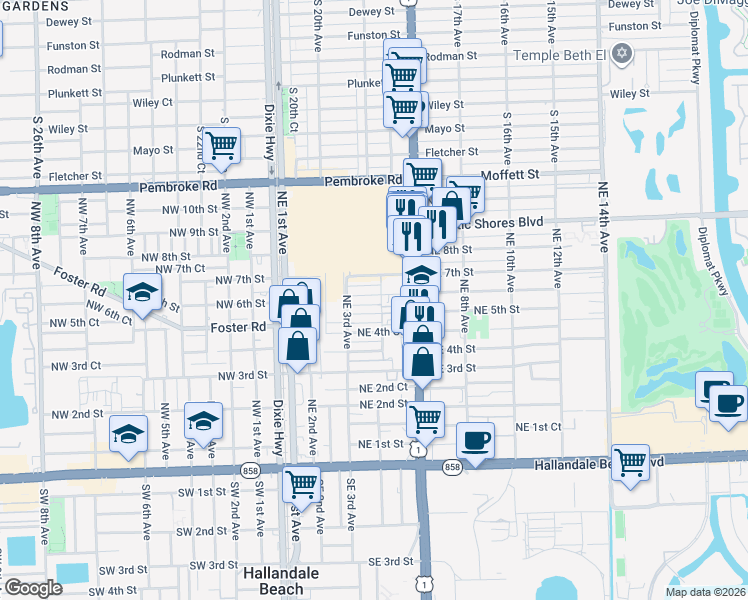 map of restaurants, bars, coffee shops, grocery stores, and more near 306 Northeast 6th Street in Hallandale Beach