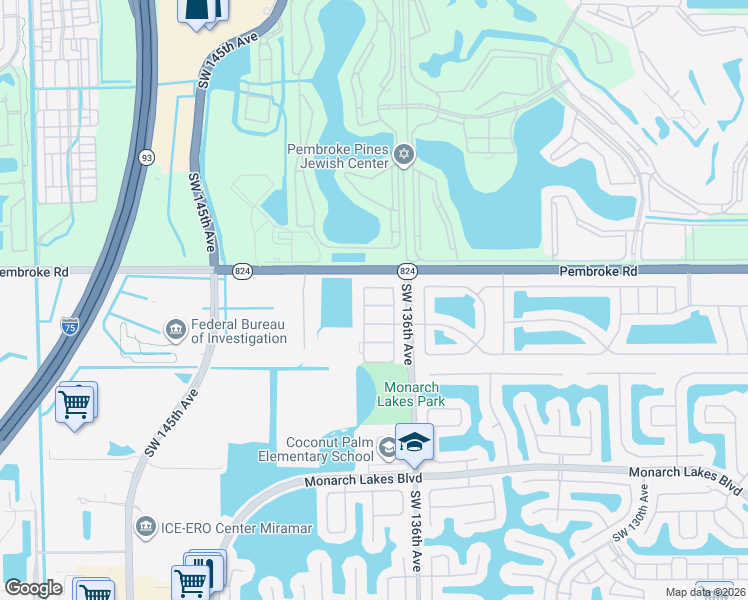 map of restaurants, bars, coffee shops, grocery stores, and more near 13651 Southwest 18th Street in Miramar