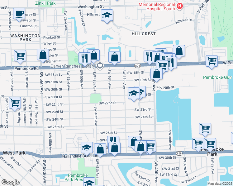 map of restaurants, bars, coffee shops, grocery stores, and more near 4425 Southwest 21st Street in West Park